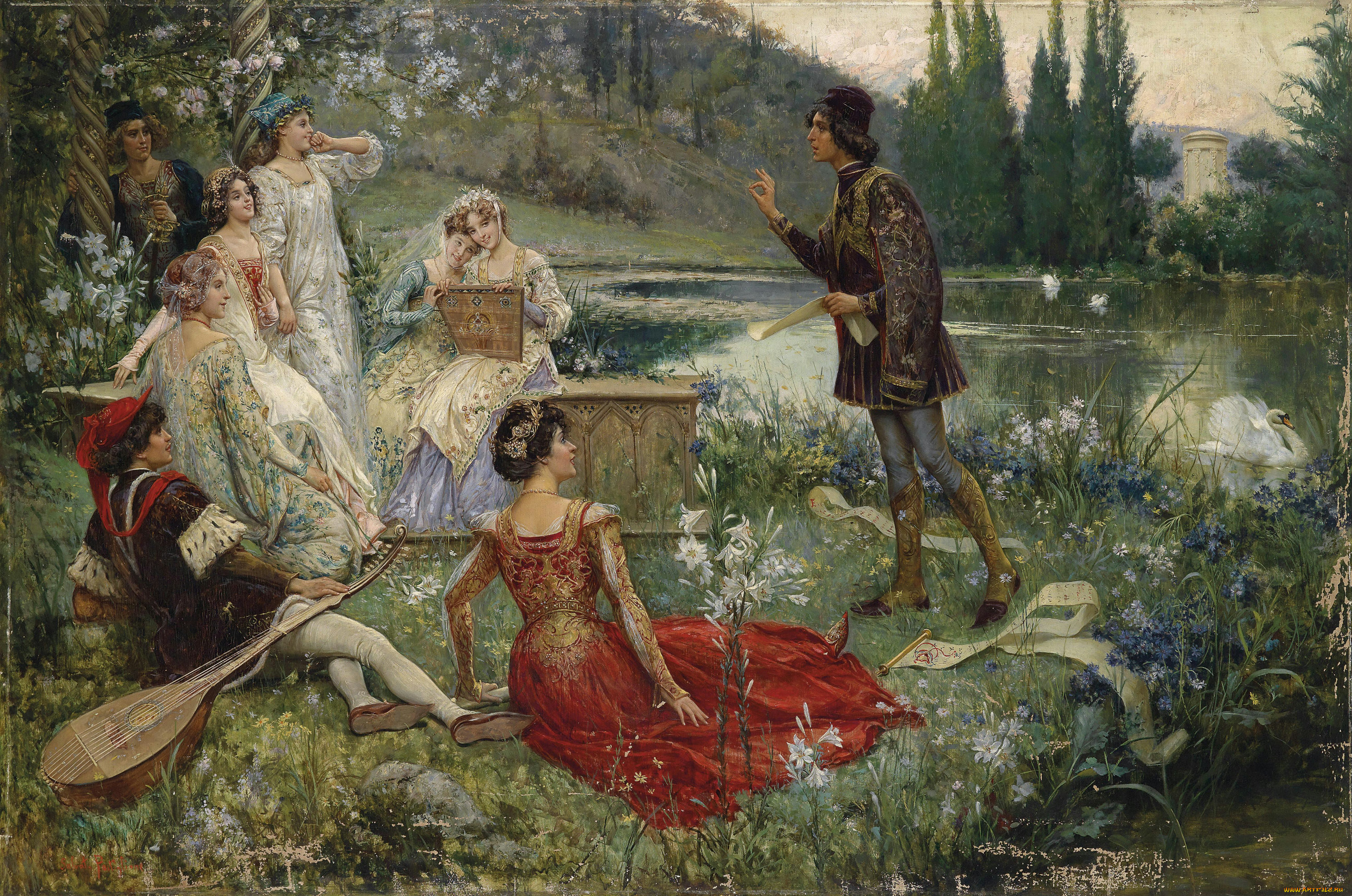 , , , , , , , swan, , lute, minstrel, scroll, gentlemen, poet, , , riverside, , , , , , , , ladies, river, landscape, picnic, flowers, forest